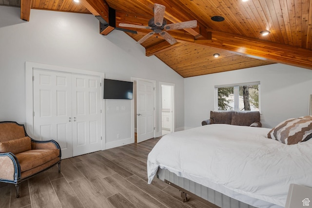 1303 Country Ln, Kamas, UT 84036 - bedroom with lofted ceiling with beams, a closet, wood finished floors, recessed lighting, and wood ceiling