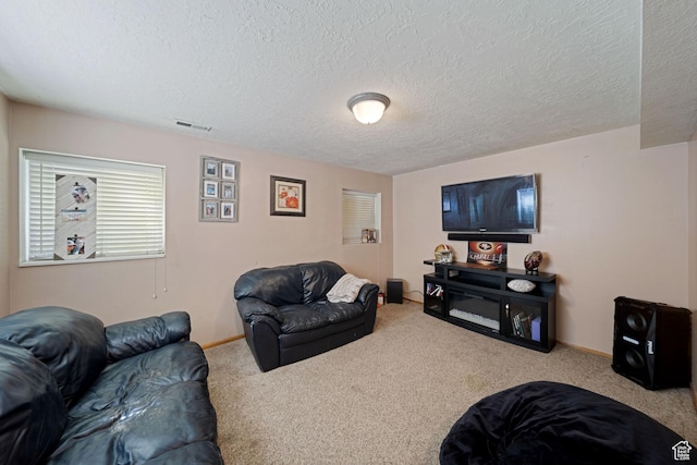 carpeted living area with a textured ceiling and baseboards