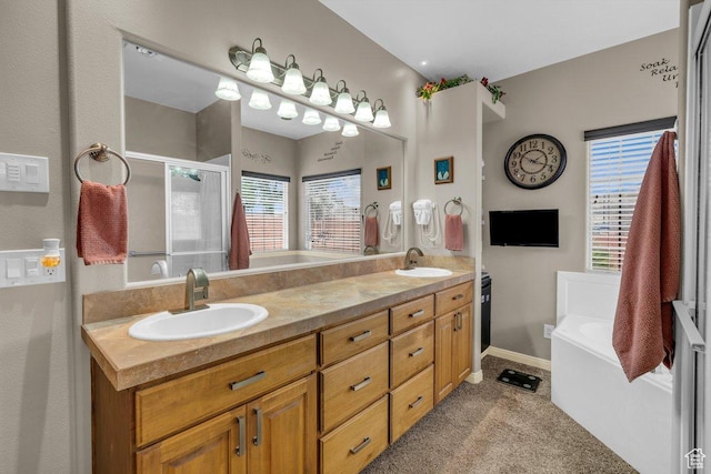 3322 W Bonita, Hurricane, UT 84737 - full bathroom featuring a sink, double vanity, a stall shower, and a bath