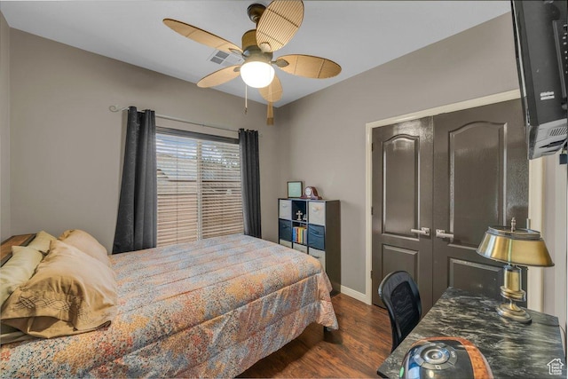 3322 W Bonita, Hurricane, UT 84737 - bedroom featuring a closet, dark wood-type flooring, visible vents, a ceiling fan, and baseboards