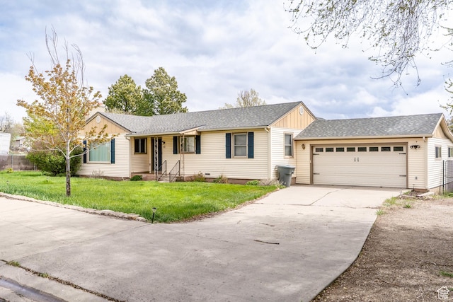 ranch-style home featuring driveway, board and batten siding, a garage, a shingled roof, and a front yard