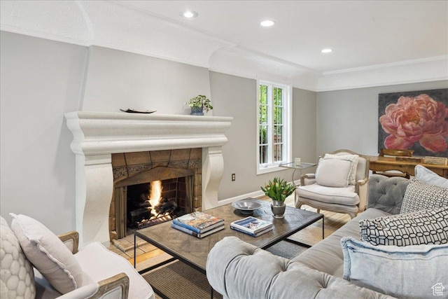 1704 E Herbert Ave, Salt Lake City, UT 84108 - living area featuring crown molding, recessed lighting, a high end fireplace, and wood finished floors