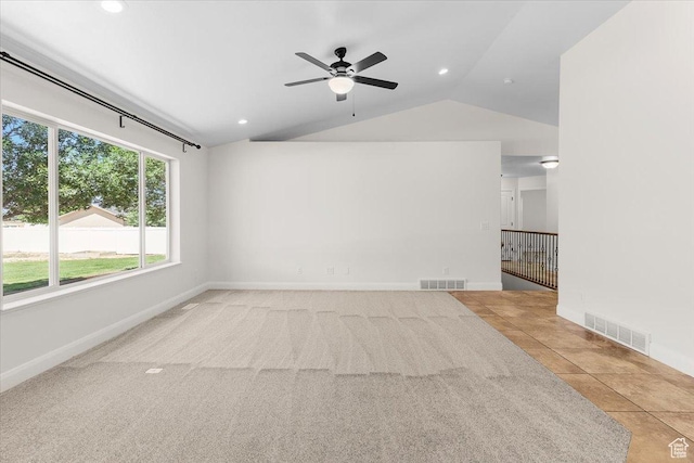 635 N 460 E, Ephraim, UT 84627 - unfurnished living room with vaulted ceiling, visible vents, baseboards, and ceiling fan