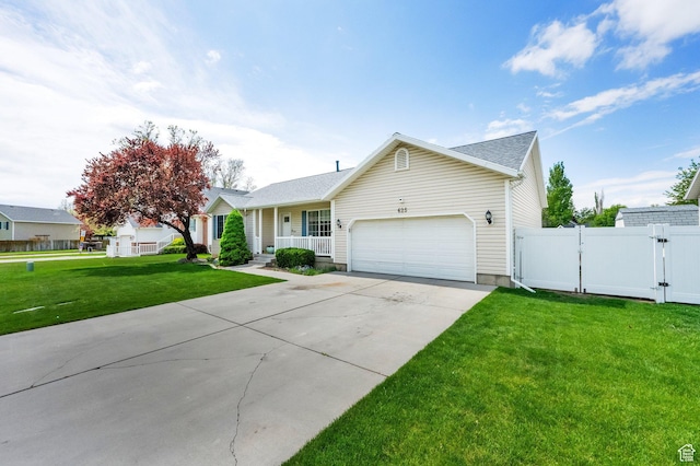 ranch-style house featuring an attached garage, covered porch, a gate, fence, and driveway