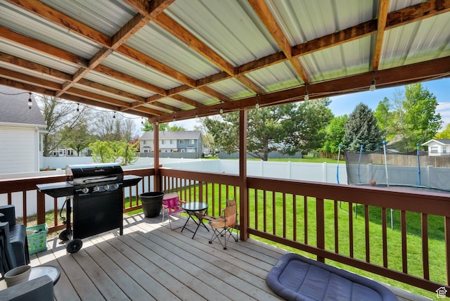 wooden terrace featuring a fenced backyard, a grill, a yard, and a residential view