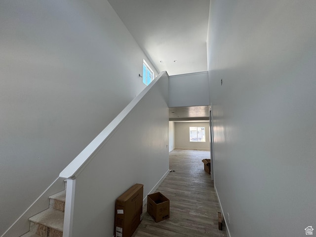 2831 S Allison Way Unit 110, Syracuse, UT 84075 - stairway with baseboards, a high ceiling, plenty of natural light, and wood finished floors