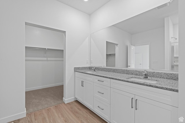 bathroom featuring double vanity, wood finished floors, a walk in closet, and a sink