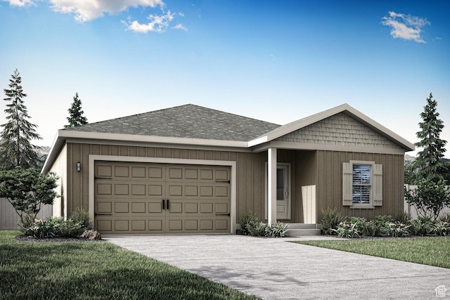ranch-style home featuring roof with shingles, an attached garage, and driveway