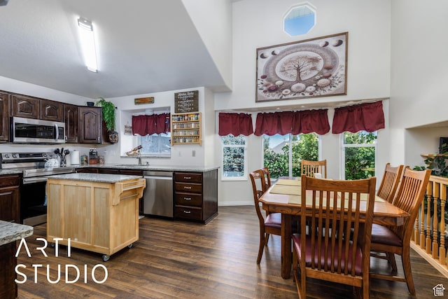 kitchen featuring a sink, stainless steel appliances, dark wood finished floors, a kitchen island, and dark brown cabinets