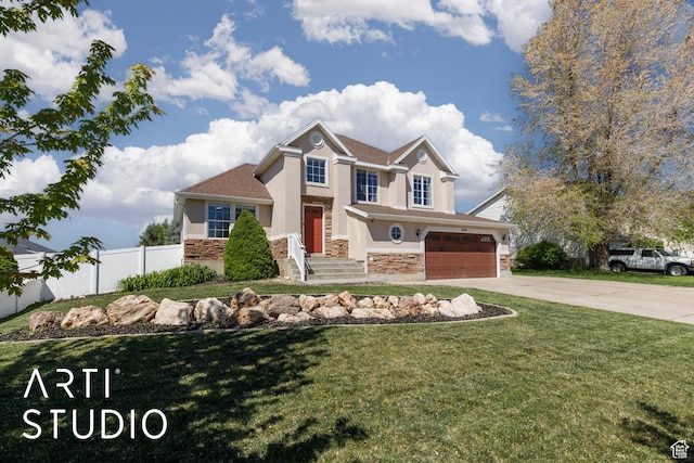 craftsman-style home featuring fence, stone siding, concrete driveway, a garage, and stucco siding