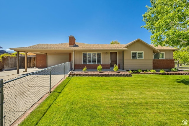 ranch-style home featuring brick siding, concrete driveway, a garage, a front yard, and a chimney