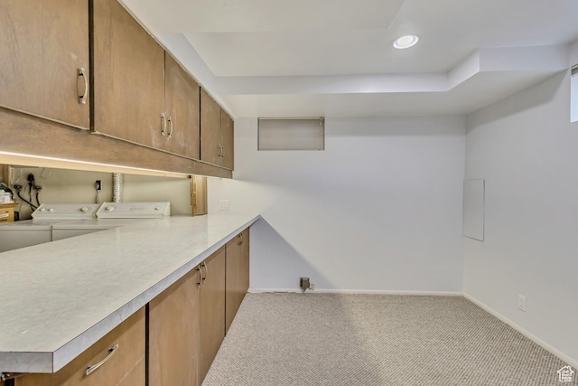 laundry room featuring recessed lighting, baseboards, washer and dryer, cabinet space, and carpet floors