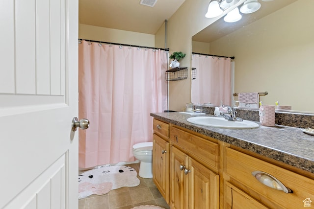 5140 S 3500 W, Roy, UT 84067 - full bathroom featuring toilet, vanity, visible vents, tile patterned floors, and a shower with shower curtain