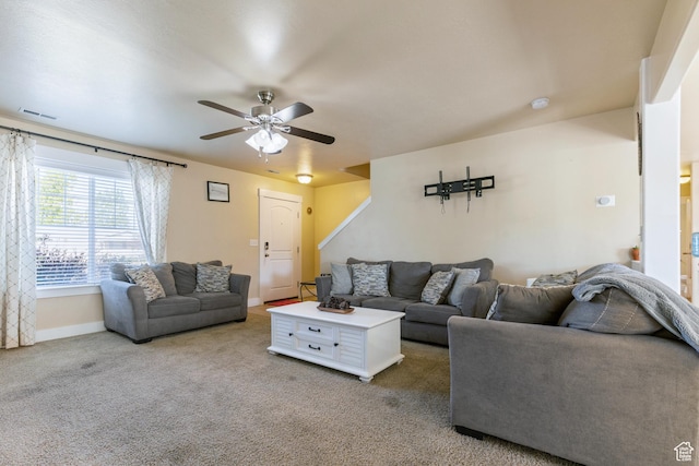 5140 S 3500 W, Roy, UT 84067 - living room with baseboards, ceiling fan, visible vents, and carpet