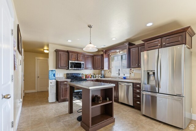5140 S 3500 W, Roy, UT 84067 - kitchen featuring dark brown cabinets, a sink, open shelves, light countertops, and appliances with stainless steel finishes