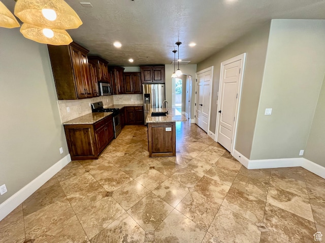 kitchen with stainless steel appliances, baseboards, decorative backsplash, light stone counters, and recessed lighting
