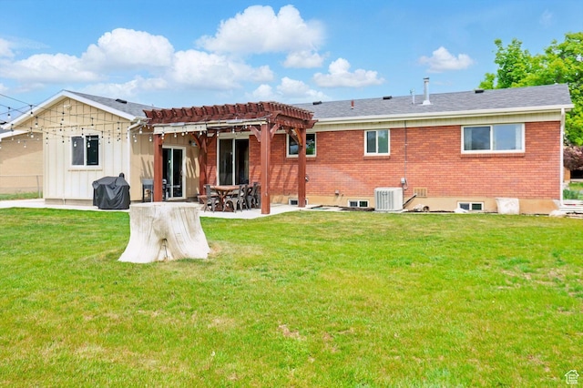 569 N 700 E, Mapleton, UT 84664 - rear view of house with central air condition unit, a patio area, a pergola, and a lawn