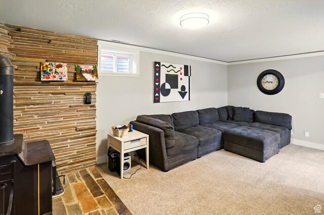 569 N 700 E, Mapleton, UT 84664 - living area with baseboards, a wood stove, ornamental molding, and a textured ceiling