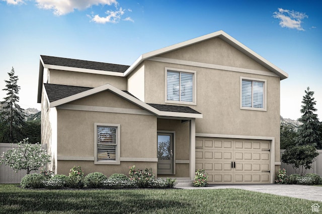 traditional-style house featuring fence, a garage, stucco siding, and driveway