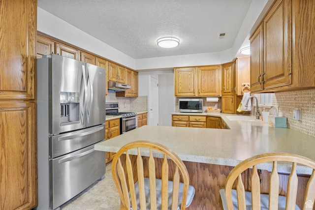 235 W 1000 N, Bountiful, UT 84010 - kitchen featuring a sink, a peninsula, stainless steel appliances, under cabinet range hood, and light countertops