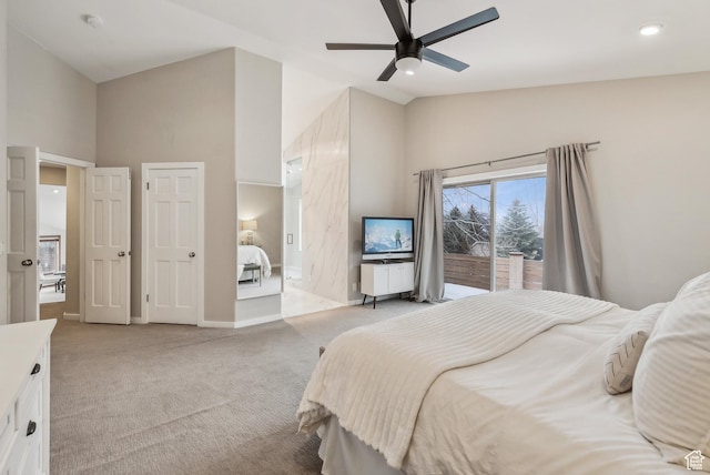 bedroom with light carpet, baseboards, high vaulted ceiling, and a ceiling fan