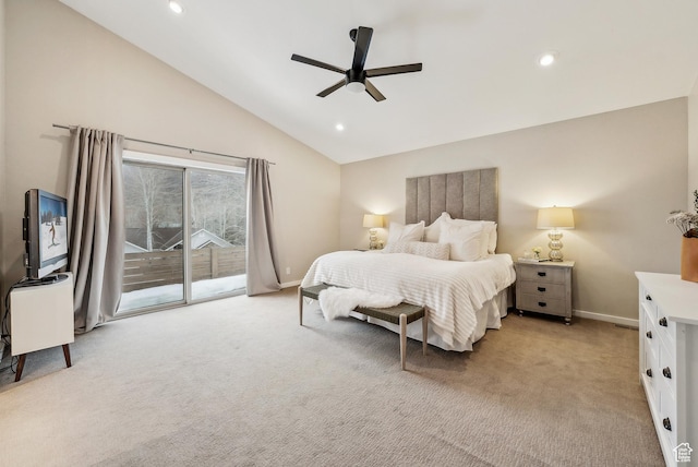 bedroom with baseboards, light carpet, access to outside, and vaulted ceiling