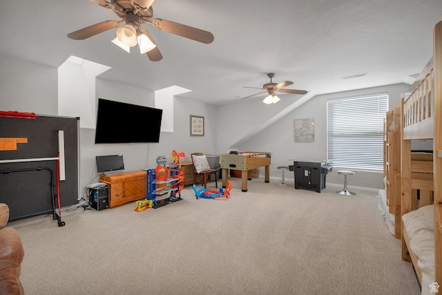 1056 W 100 N, St George, UT 84770 - recreation room with lofted ceiling, carpet, visible vents, ceiling fan, and baseboards