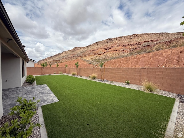 view of yard featuring a fenced backyard, a patio area, and a mountain view