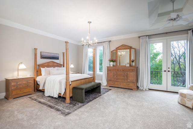 680 S Davis Blvd, Bountiful, UT 84010 - bedroom featuring a notable chandelier, access to outside, crown molding, and light colored carpet