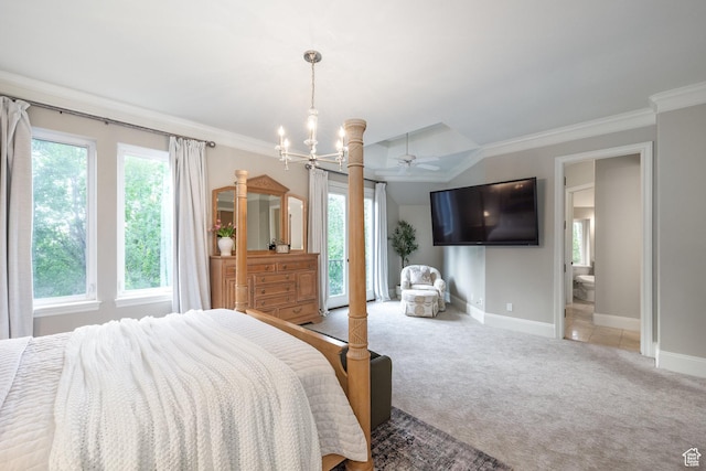 680 S Davis Blvd, Bountiful, UT 84010 - carpeted bedroom with multiple windows, baseboards, ornamental molding, and a notable chandelier