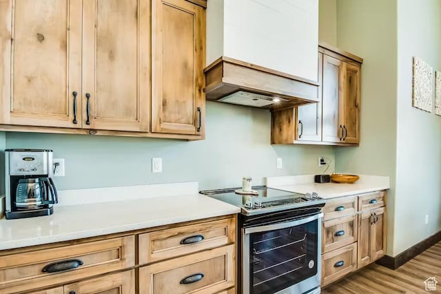 2869 S Chukar Dr Unit 63, Garden City, UT 84028 - kitchen with light countertops, premium range hood, wood finished floors, and electric stove
