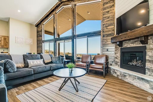 2869 S Chukar Dr Unit 63, Garden City, UT 84028 - living room featuring wood finished floors, a stone fireplace, and high vaulted ceiling