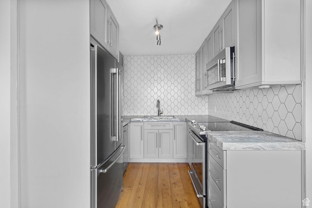 777 E S Temple S Unit 11B, Salt Lake City, UT 84102 - kitchen featuring light wood-style flooring, a sink, backsplash, stainless steel appliances, and gray cabinets