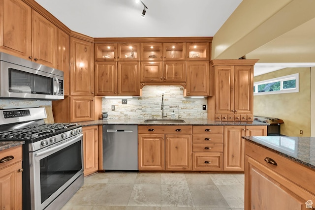 kitchen featuring stainless steel appliances, a sink, dark stone countertops, tasteful backsplash, and glass insert cabinets