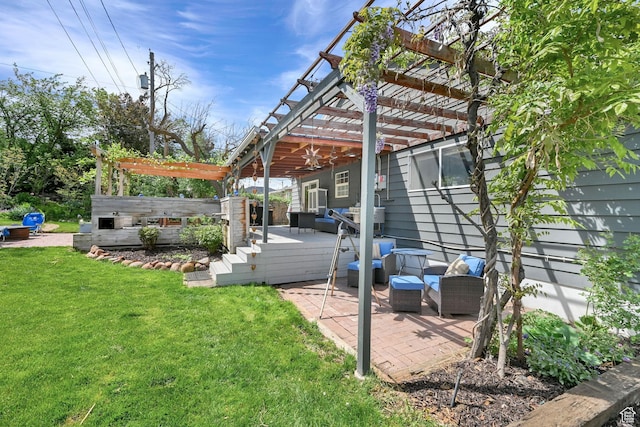 view of grassy yard featuring a patio and a pergola