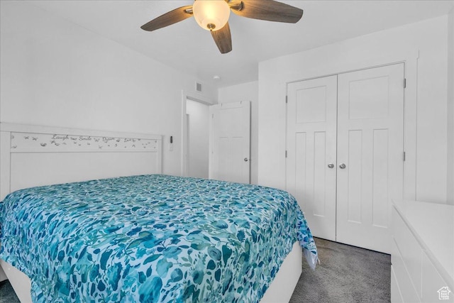 8072 N Rock Creek Cove Ln, Eagle Mountain, UT 84005 - carpeted bedroom with a closet, visible vents, and ceiling fan
