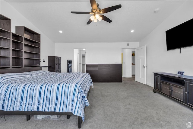 8072 N Rock Creek Cove Ln, Eagle Mountain, UT 84005 - carpeted bedroom with lofted ceiling, ceiling fan, and recessed lighting