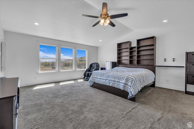 8072 N Rock Creek Cove Ln, Eagle Mountain, UT 84005 - carpeted bedroom featuring vaulted ceiling, baseboards, a ceiling fan, and recessed lighting
