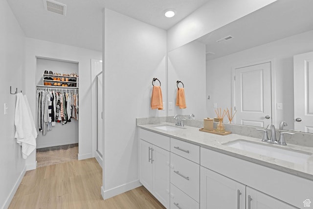 bathroom with baseboards, visible vents, a sink, and wood finished floors