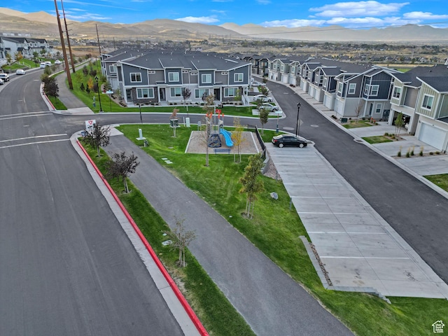 birds eye view of property featuring a residential view and a mountain view
