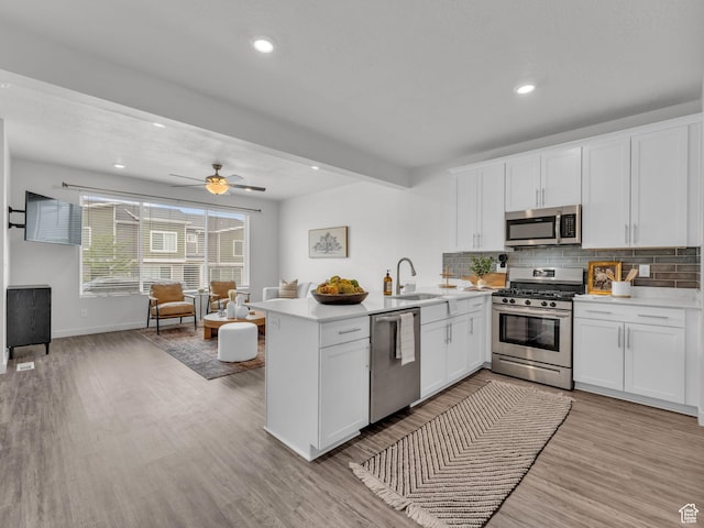kitchen featuring a peninsula, a sink, stainless steel appliances, open floor plan, and decorative backsplash