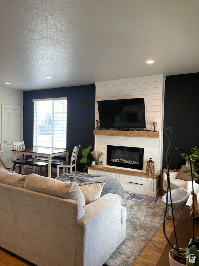 279 E Grace Ln, North Salt Lake, UT 84054 - living room with a large fireplace, a textured ceiling, wood finished floors, and recessed lighting