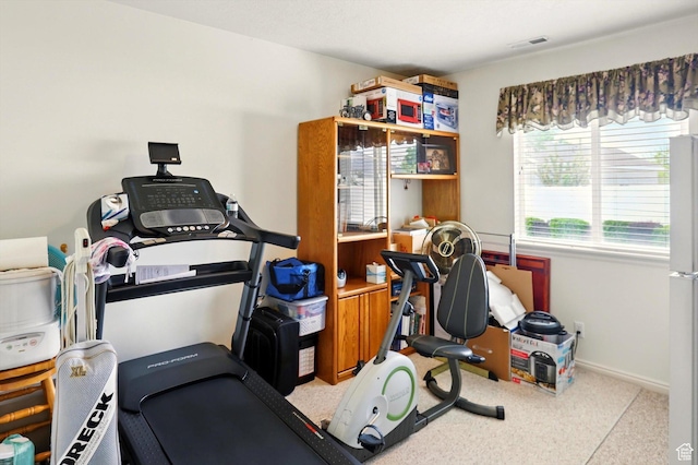 workout area with carpet, visible vents, and baseboards