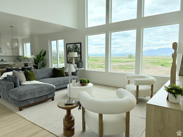 living area with light wood-type flooring, baseboards, and a mountain view