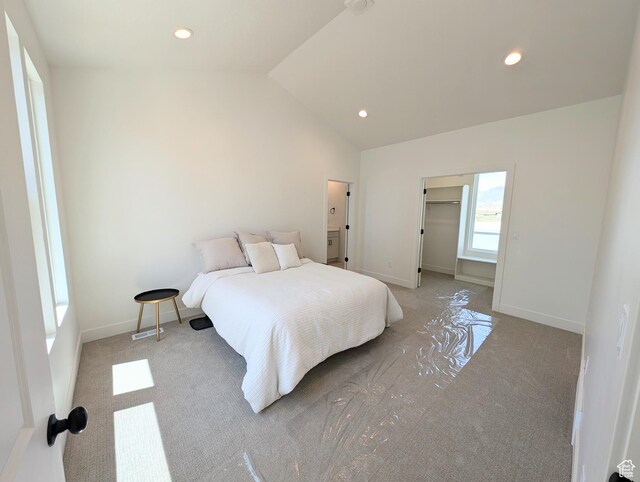 6967 W Lake Ave S Unit 324, South Jordan, UT 84009 - bedroom with lofted ceiling, recessed lighting, light colored carpet, baseboards, and a spacious closet