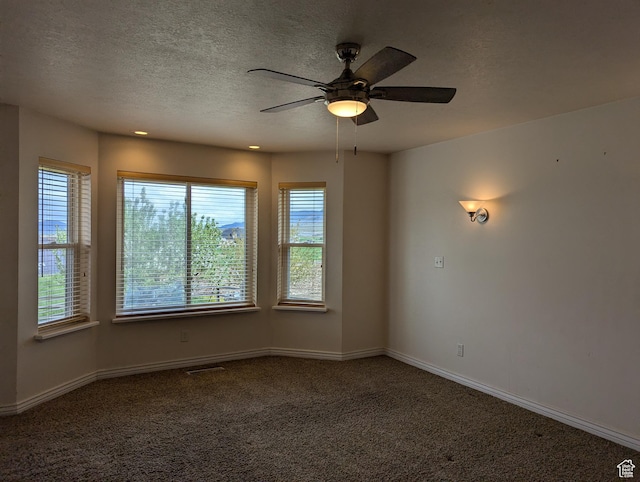 565 E Platt Ln Unit 1, Mona, UT 84645 - spare room featuring a textured ceiling, visible vents, ceiling fan, carpet floors, and baseboards