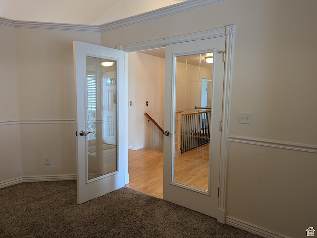 565 E Platt Ln Unit 1, Mona, UT 84645 - entryway featuring carpet, french doors, lofted ceiling, and ornamental molding