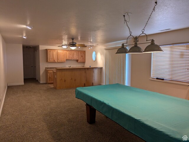 565 E Platt Ln Unit 1, Mona, UT 84645 - game room featuring light colored carpet, a textured ceiling, visible vents, a ceiling fan, and baseboards