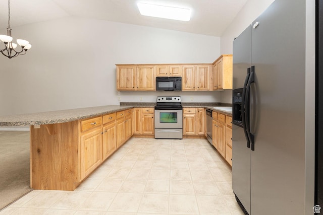 396 W 1500 N, Enoch, UT 84721 - kitchen featuring a notable chandelier, light brown cabinetry, a peninsula, vaulted ceiling, and appliances with stainless steel finishes