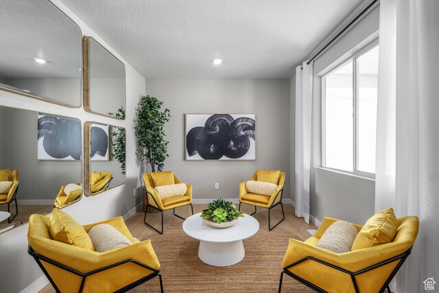 living area with a textured ceiling, wood finished floors, baseboards, and recessed lighting